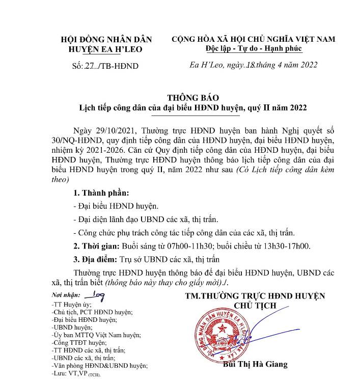 Thông báo Lịch tiếp công dân của đại biểu HĐND huyện, quý II năm 2022